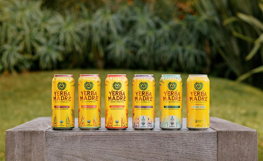 This image features cans of Yerba Madre