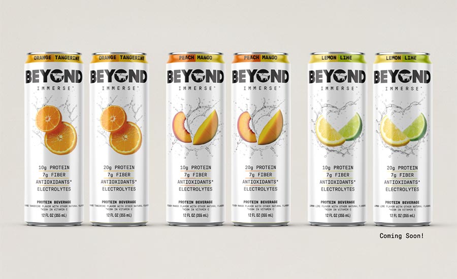 These are Beyond Immerse plant-based protein beverages from Beyond Meat, featuring 10g or 20g of protein, 7g of fiber, antioxidants, and electrolytes in 12 fl oz cans. 