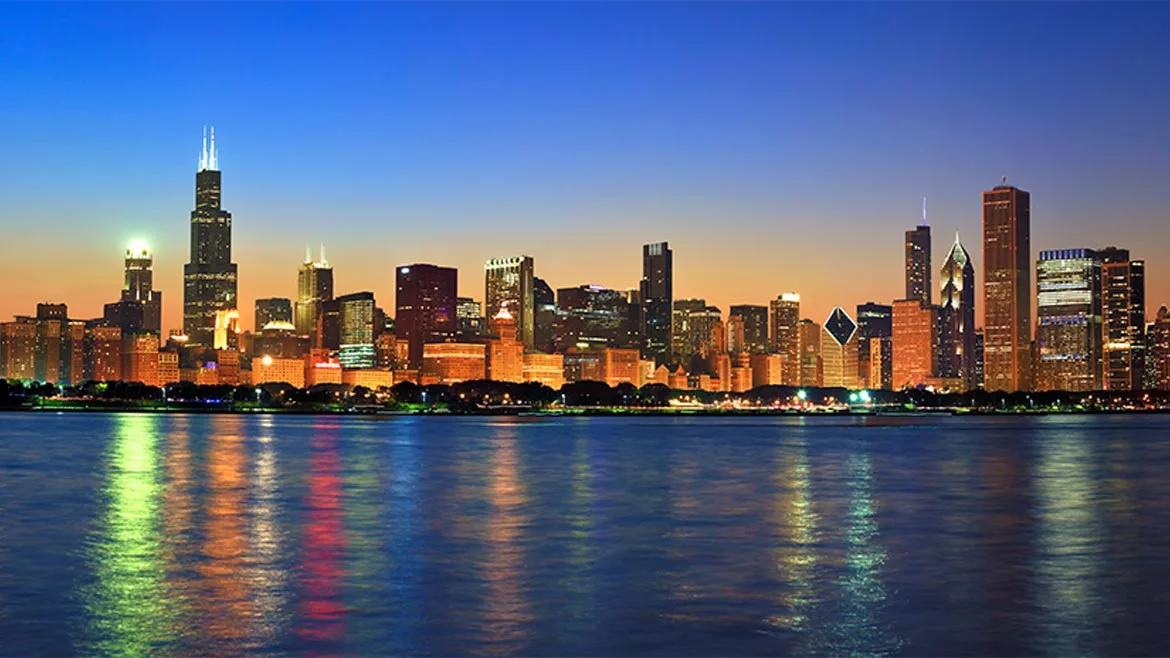This image shows the Chicago skyline during sunset