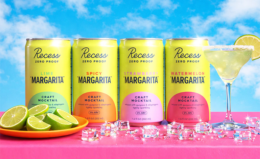 Recess Zero Proof Craft Mocktail cans in Lime, Spicy, Strawberry, and Watermelon Margarita flavors