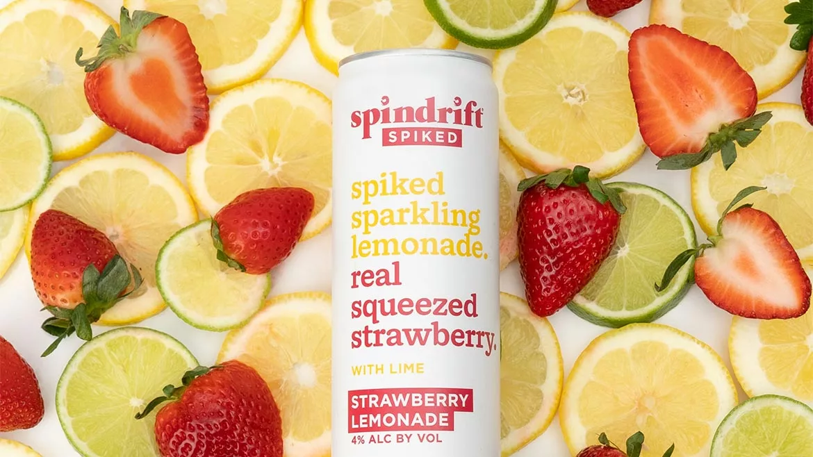 a 12-ounce can of Spindrift Spiked Strawberry Lemonade sparkling water