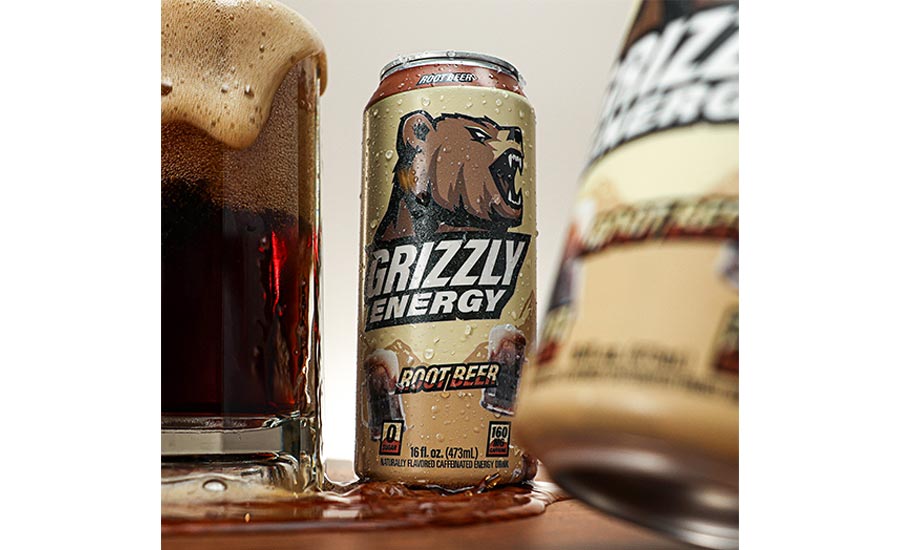 a 16 oz (473 mL) can of Grizzly Energy Drink in the Root Beer flavor, poured into a glass with foam