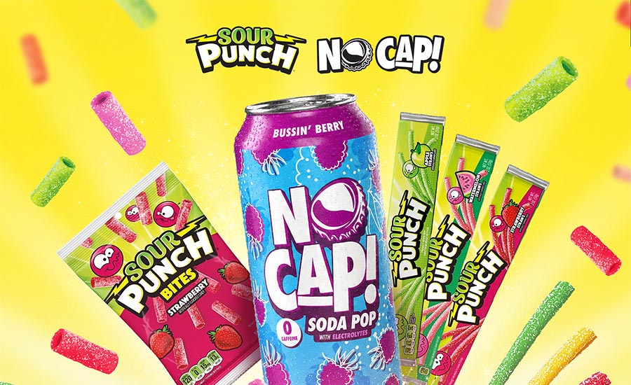 a promotional graphic for the NO CAP! Soda Pop and Sour Punch licensing collaboration