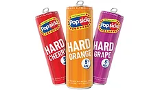 three 12-ounce cans of Popsicle Hard flavored malt beverages in Hard Cherry (red), Hard Orange (orange), and Hard Grape (purple) three 12-ounce cans of Popsicle Hard flavored malt beverages in Hard Cherry (red), Hard Orange (orange), and Hard Grape (purple)