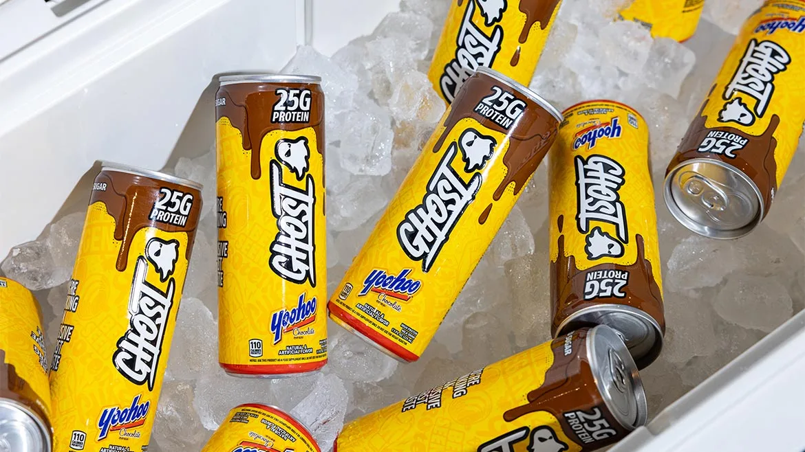 GHOST® Yoo-Hoo® Protein Ready to Drink cans chilling in ice