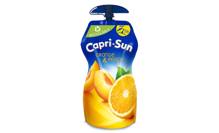  a 330ml re-closable pouch of Capri-Sun Orange & Peach juice drink featuring a blue screw cap