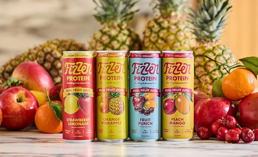 four cans of Fizzen Protein Sparkling Fruit Juice