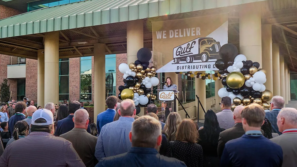 the grand opening and ribbon-cutting ceremony for the Gulf Distributing Company headquarters at their newly renovated facility in downtown Mobile, Alabama