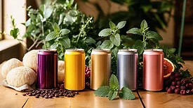 a line of colorful slim aluminum beverage cans arranged on a wooden surface with fresh herbs, coffee beans, and mushrooms