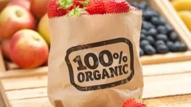 a brown paper bag filled with fresh strawberries, labeled "100% Organic," surrounded by other fruits like apples and blueberries.