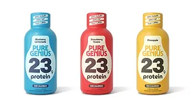  Pure Genius protein shots in three flavors: Blueberry Lemonade, Strawberry Guava, and Pineapple